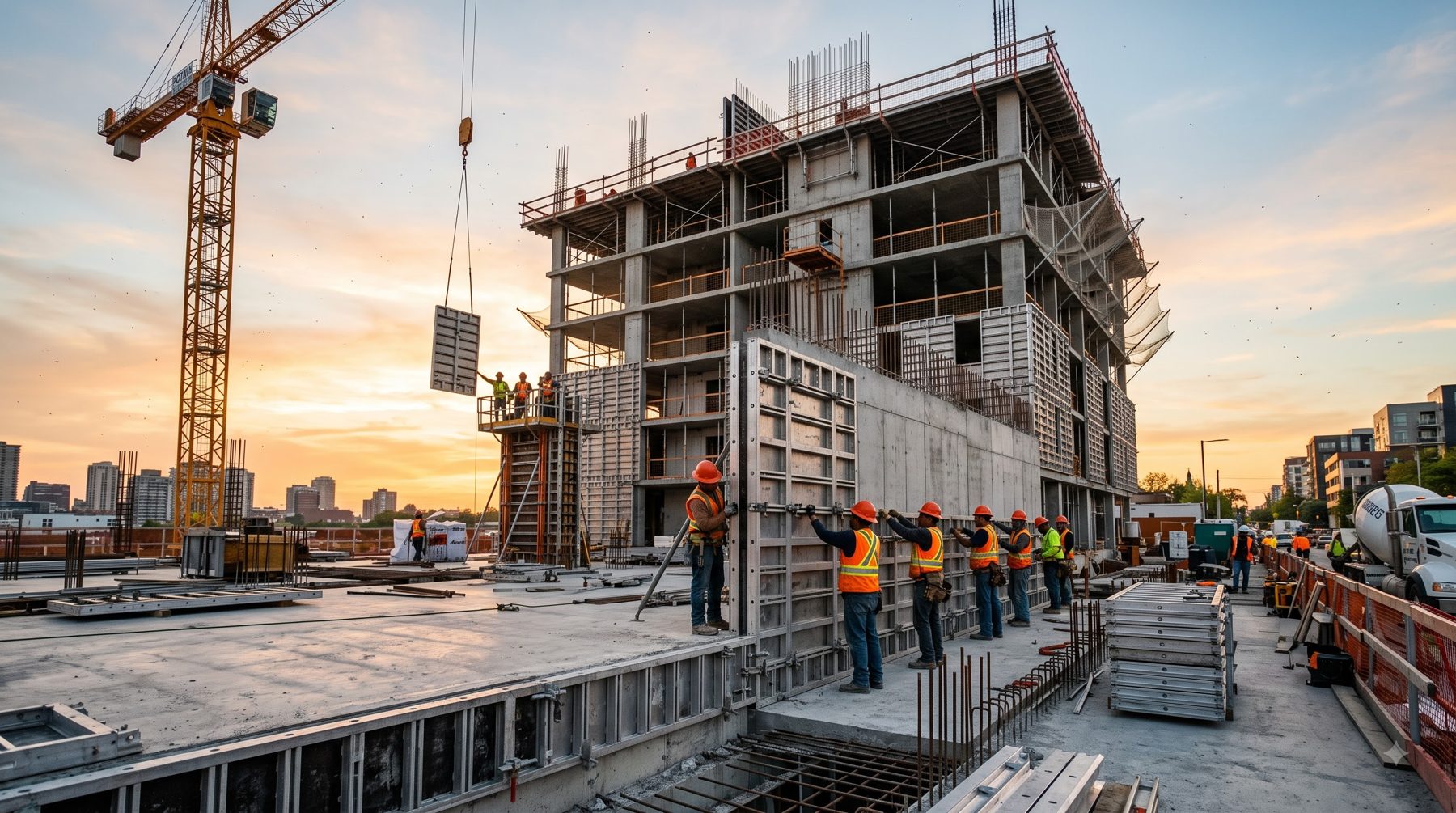 High-rise structure under construction with aluminium formwork panels