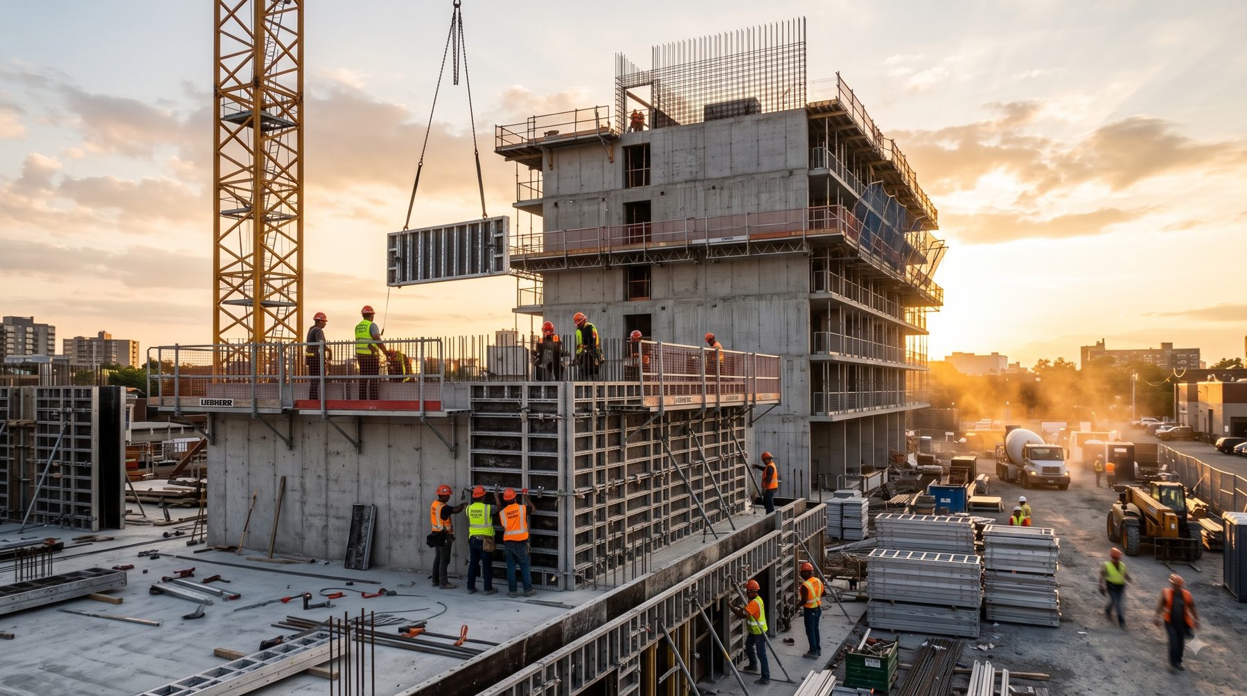 High-rise structure under construction at dusk